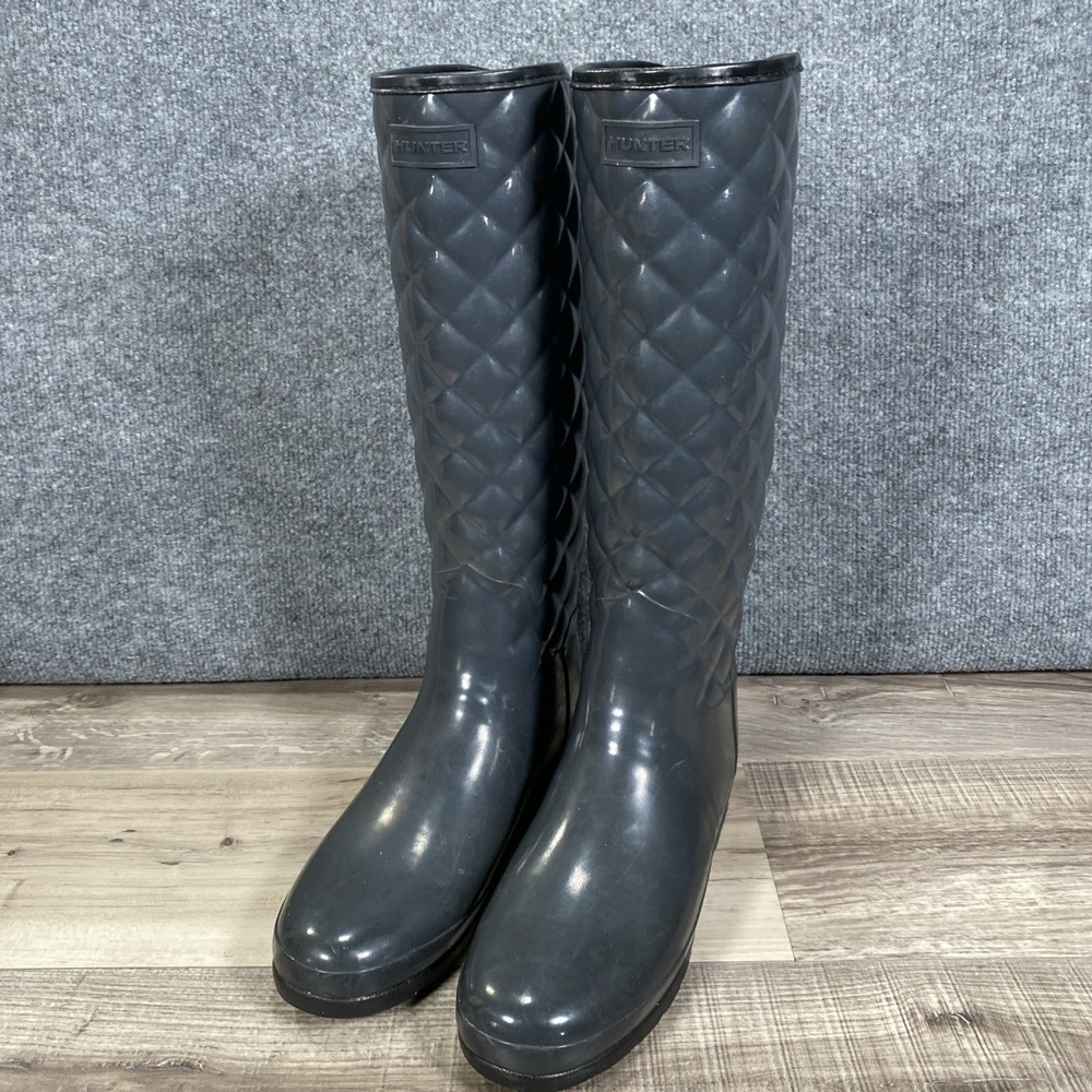 Hunter Refined Gloss Quilted Tall Rain Boots Blue Knee High Waterproof Women 10